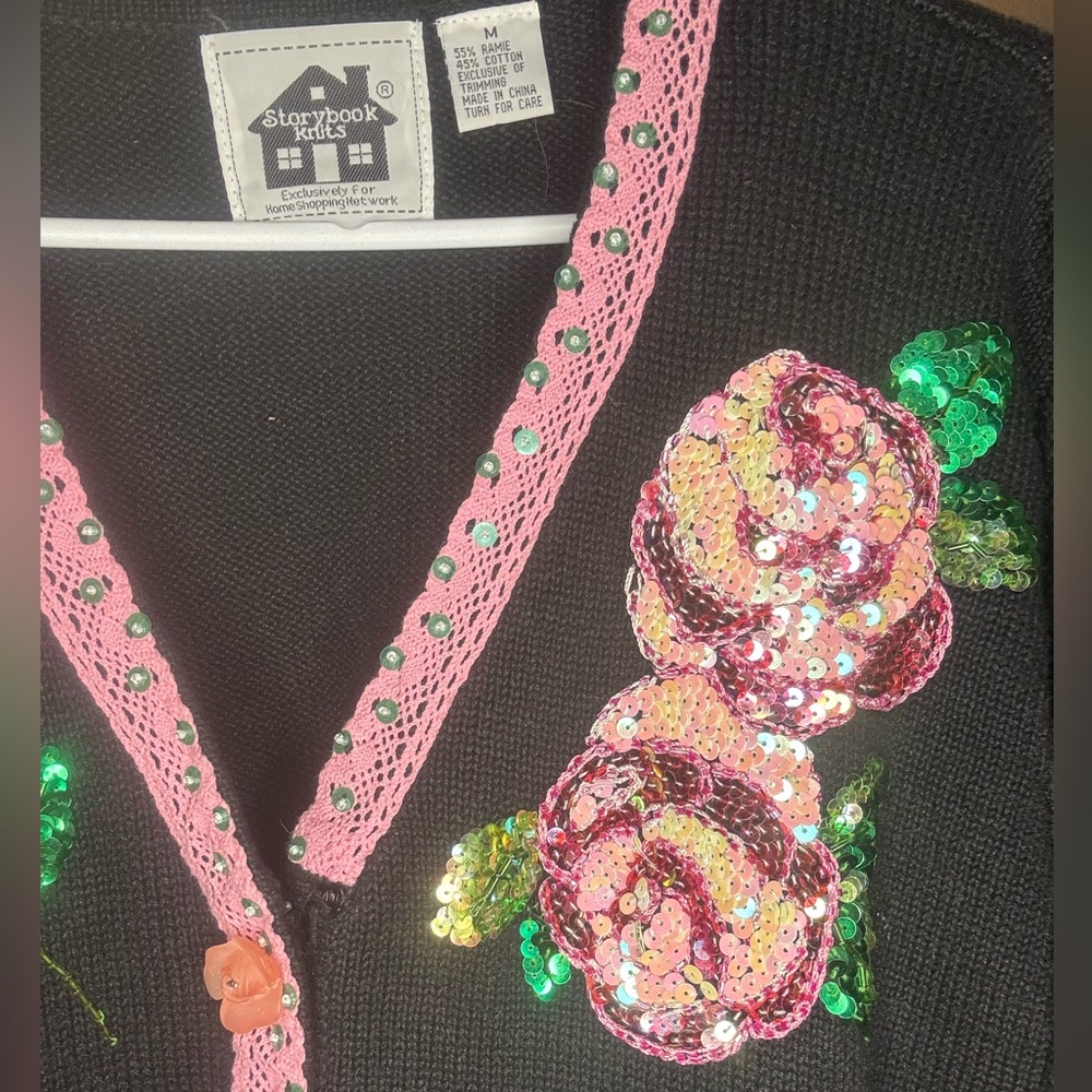 VTG Storybook Knits Sequin Rose Sweater - Picture 2 of 6